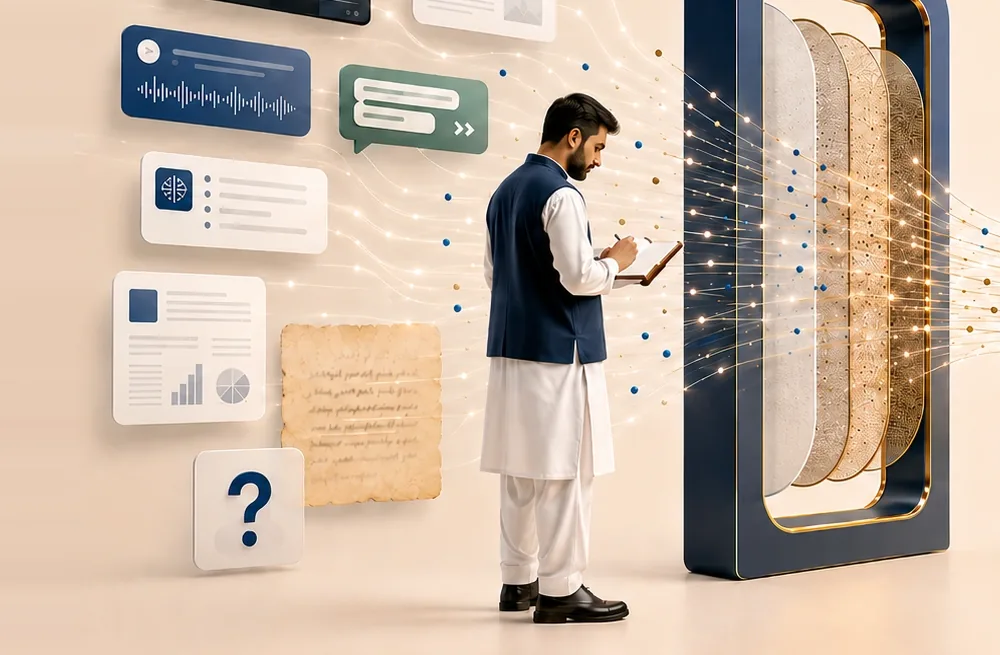 Pakistani learner organising scattered videos, messages, documents and research sources into a structured path of guided understanding.