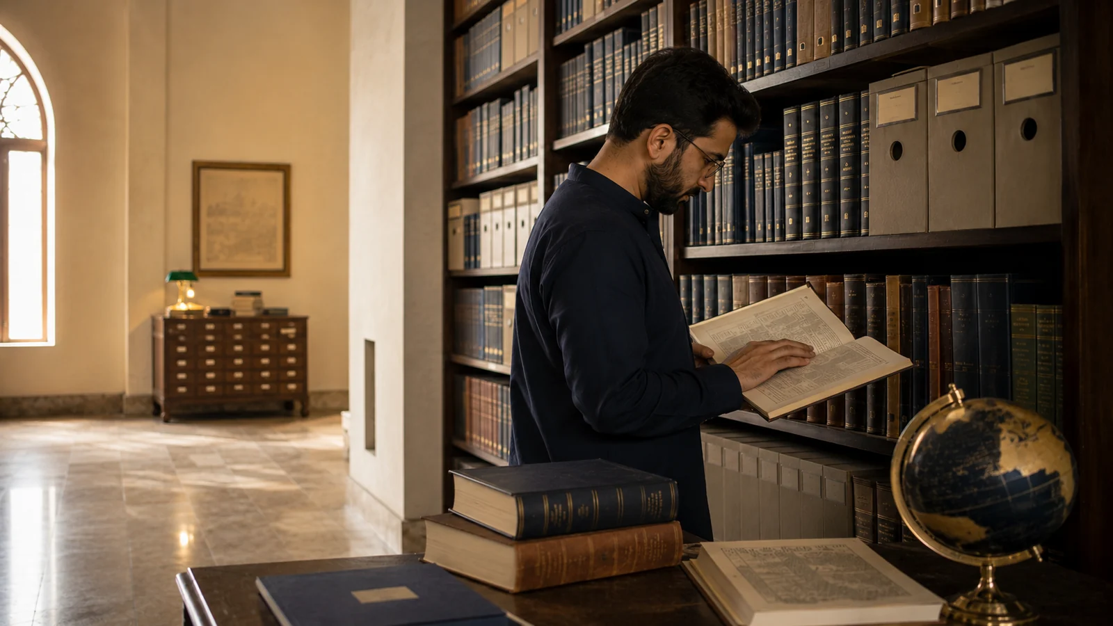 Researcher reviewing archival sources in a warm academic library